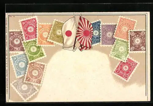 Künstler-AK Japan, Briefmarken und Flaggen