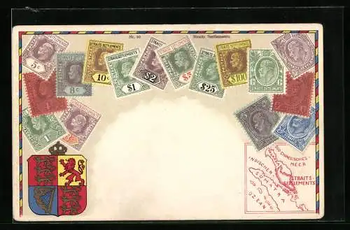 AK Sumatra, Landkarte, Briefmarken, Wappen und Krone