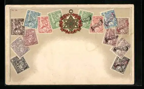 AK Äthiopien, Briefmarken & Wappen, um 1900