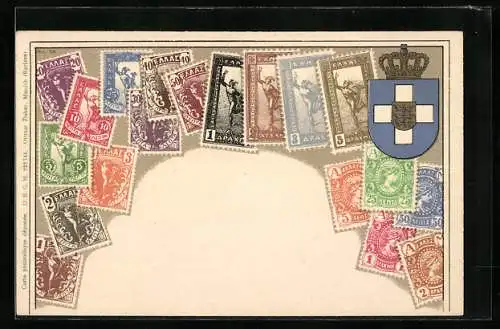 AK Griechenland, Briefmarken & Wappen