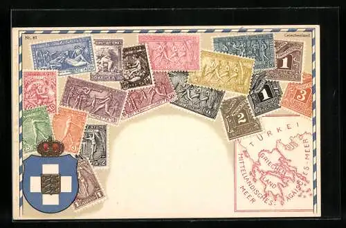 AK Griechenland, Briefmarken und Wappen mit Krone, Landkarte