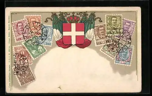 AK Briefmarken aus Italien mit Wappen, Flaggen und Krone