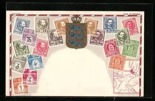 AK Sammlung dänischer Briefmarken mit Staatswappen