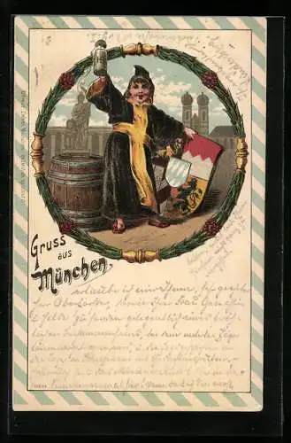 Präge-Lithographie München, Münchner Kindl mit Bierkrug und Wappen, Im Hintergrund Kirche