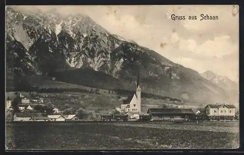 AK Schaan, Totale mit Kirche und Bahnhof