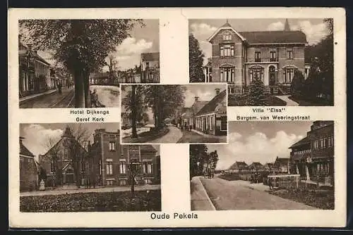 AK Oude Pekela, Hotel Dijkenga, Villa Elsa, Geref. Kerk