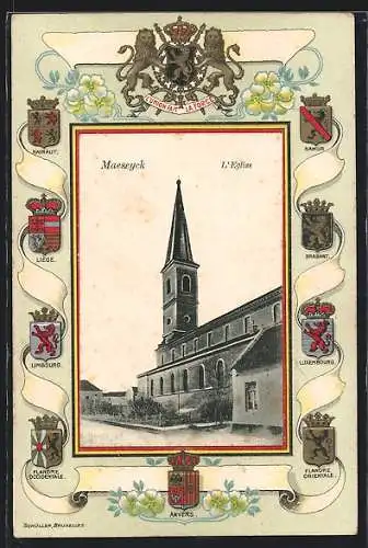 Präge-AK Maeseyck, L`Eglise, Passepartout mit Wappen