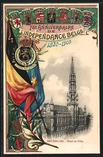 Lithographie Brüssel / Bruxelles, 75. Anniversaire de l`Independance Belge 1905