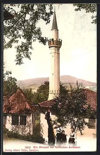 AK Bosnien, ein Minaret bei festlichen Anlässen