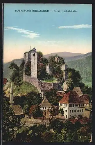 AK Bosnien, Dorf, Burgruine und Uhrturm