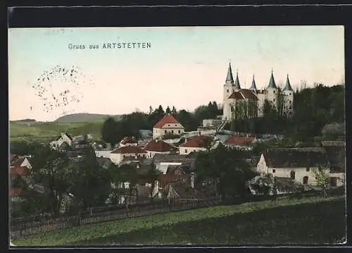 AK Artstetten, Blick über die Dächer mit Schloss