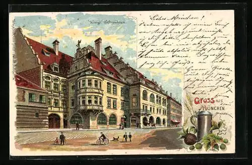 Lithographie München, Königl. Hofbräuhaus, Mann auf einem Fahrrad, Bierkrug