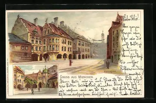 Lithographie München, Gasthaus Hofbräuhaus und Strassenpartie