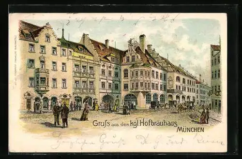 Lithographie München, Ortsansicht Münchner Hofbräuhaus mit Passanten