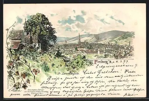 Lithographie Freiburg / Breisgau, St.Loretto Kapelle und Ortsansicht