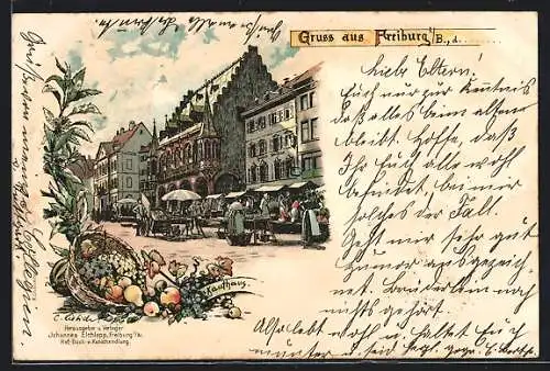 Lithographie Freiburg i. B., Kaufhaus mit Markt