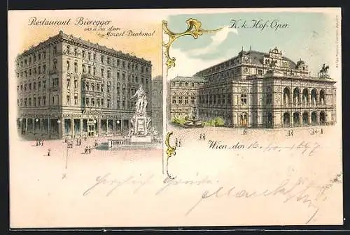 Lithographie Wien, Restaurant Bieregger mit Mozart-Denkmal, K. k. Hof-Oper