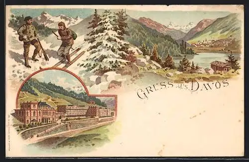 Lithographie Davos, Panorama, Ortspartie