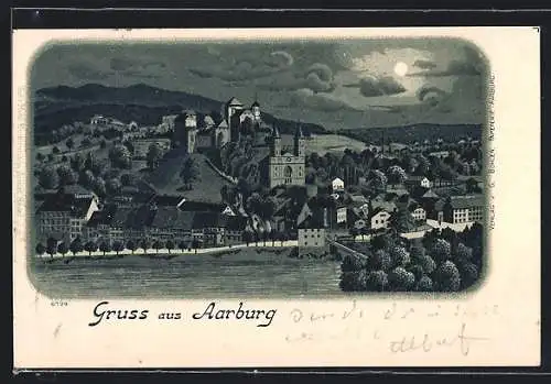 Mondschein-Lithographie Aarburg, Ortsansicht mit Kirche vom Wasser aus gesehen