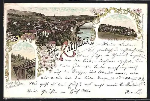 Lithographie Rheineck, Drahseilbahn, Schloss d. Fürsten v. Hohenzollern, Gesamtansicht