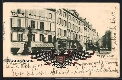 AK Neuchâtel, Hotel du Faucon, Denkmal, Adler mit Wappen