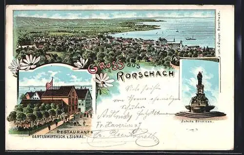 Lithographie Rorschach, Restaurant und Gartenwirtschaft z. Signal, Jakobs Brunnen