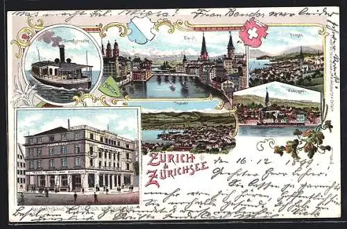 Lithographie Zürich, Waarenhaus vorm. F. Jelmoli A. G., Dampfschwalbe, Teilansicht u. Zürichsee