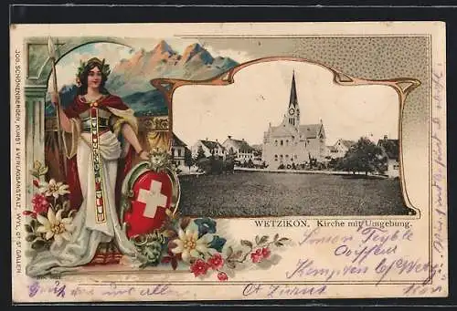 Lithographie Wetzikon, Kirche mit Umgebung, Passepartout mit Helvetia