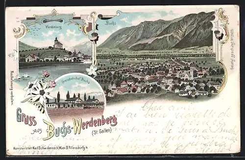 Lithographie Buchs-Werdenberg, Totalansichten, Grenzbahnhof Buchs