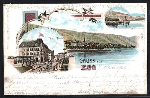 Lithographie Zug, Hotel Zugerhof, Propr. Fritz Stadler, Ortsansicht