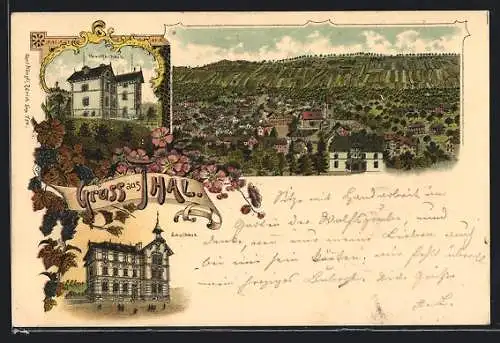 Lithographie Thal, Krankenhaus, Schulhaus, Ortsansicht aus der Vogelschau