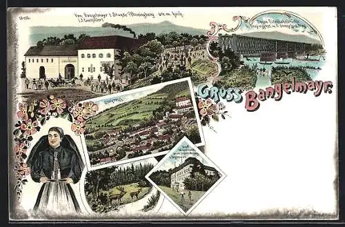 Lithographie Steyregg, Gasthaus Bangelmayr, Donau Eisenbahnbrücke, Graf Weissenwollf's neues Schloss