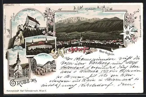 Lithographie Kirchdorf /O.Ö., Hauptplatz, Schloss Alpenstein, Stift Schlierbach