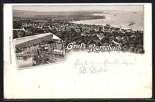 Vorläufer-Lithographie Rorschach, 1895, Bahnhof und Hafen, Panorama mit Ort und See