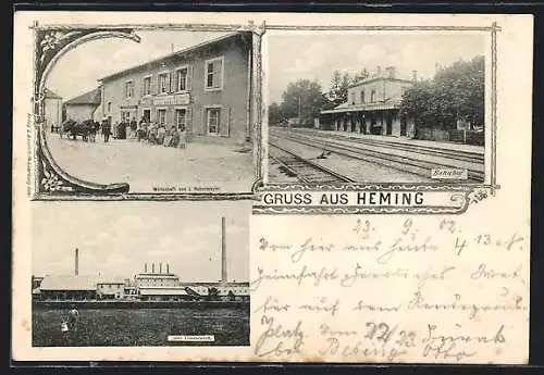 AK Heming, Gasthaus zum Edelweiss, Bahnhof, Altes Cementwerk