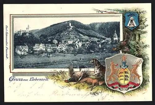 Passepartout-Lithographie Bad Liebenzell, Jagdhund, Wappen, Auerhahn, Hase, Panorama um 1900