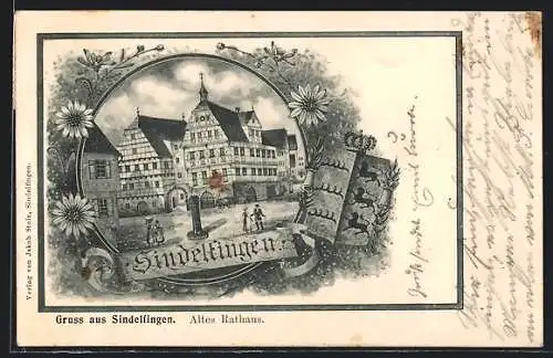 Lithographie Sindelfingen, Altes Rathaus mit Wappen