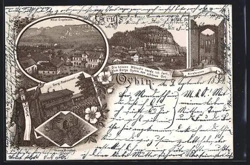 Vorläufer-Lithographie Oybin, 1894, Berg-Restaurant, Hotel Engelmann, Kirchruine