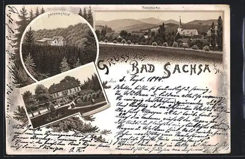 Vorläufer-Lithographie Bad Sachsa i. H., 1894, Restaurant Schützenhaus, Gasthaus am Katzenstein, Panorama