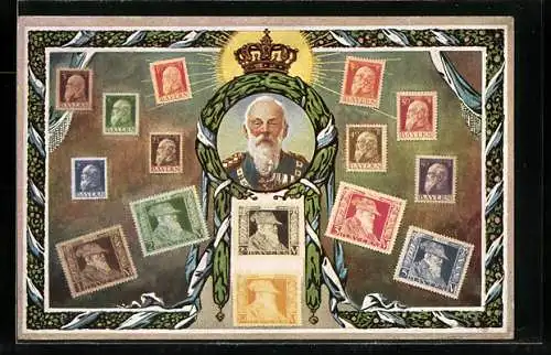 AK bayerische Briefmarken mit Abbildung des Prinzregenten Luitpold