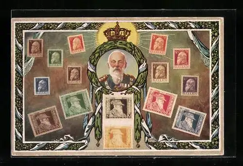 AK bayerische Briefmarken mit Abbildung des Prinzregenten Luitpold