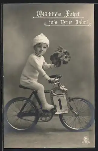 AK Junge mit Kalender auf Fahrrad