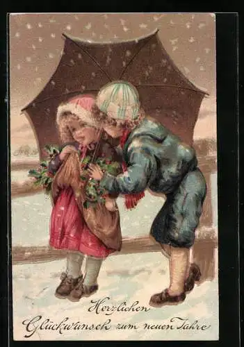 AK niedliches Kinderpaar unter grossem Schirm, Neujahrsgruss