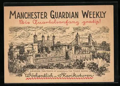 AK Manchester Guardian Weekly Edition, Reklame, Tower of London und Tower-Bridge