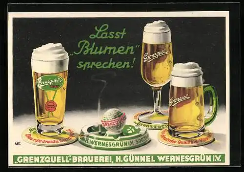 Künstler-AK Grenzquell Brauerei Wernesgrün Werbung mit Biergläsern mit Schaumkrone und Aschenbecher