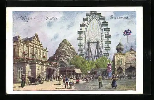 Künstler-AK Wien, Wiener Prater, Lustspieltheater & Riesenrad