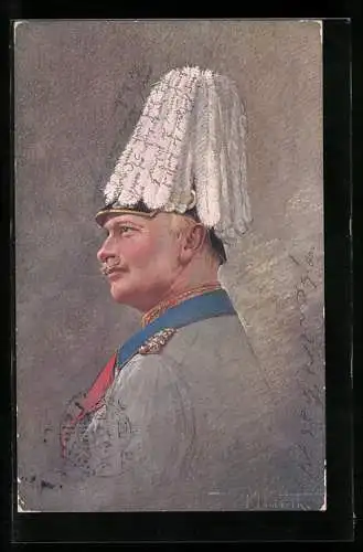 AK Friedrich August III. von Sachsen mit Rosshaarbusch Pickelhaube