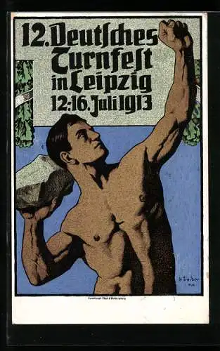 Künstler-AK Hans Treiber: Leipzig, 12.Deutsches Turnfest 12.-16.Juli 1913, Steinstösser