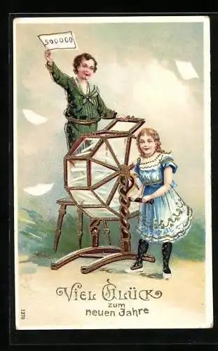 Präge-Lithographie Zwei Kinder an einer Lostrommel, Neujahrsgruss