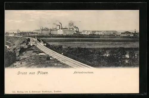 AK Pilsen, Blick von der Bahntrasse zum Aktienbrauhaus